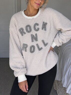 Judith March Rock & Roll Embellished Cream Teddy Sweatshirt Size S